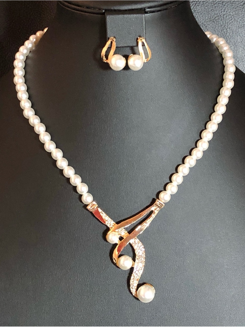 Gold Faux Pearl Rhinestone Necklace Earrings Set Formal Prom Bridesmaids